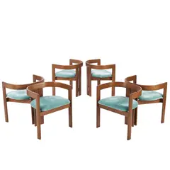 Tobia Scarpa, SIX 'PIGRECO' DINING CHAIRS FOR GAVINA, Dark stained curved beech frames with reupholstered teal textile seats. No manufacturer details