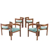 Tobia Scarpa, SIX 'PIGRECO' DINING CHAIRS FOR GAVINA, Dark stained curved beech frames with reupholstered teal textile seats. No manufacturer details