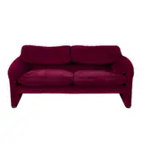 TWO SEAT 'MARALUNGA' SOFA FOR CASSINA by Vico Magistretti, Magenta velvet upholstery with black plastic base. Adjustable headrests. New upholstery and foam. No manufacturer tag, sold May 2025