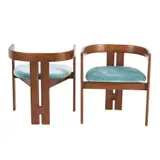 Tobia Scarpa, A SET OF SIX 'PIGRECO' DINING CHAIRS FOR GAVINA, Dark stained curved beech frames with reupholstered teal textile seats. No manufacturer details
