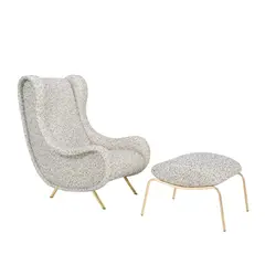 'SIR' CHAIR AND OTTOMAN FOR ARFLEX by Marco Zanuso, High back with organic curved profile, grey textured upholstery on gold tone tubular metal legs, sold Feb 2025