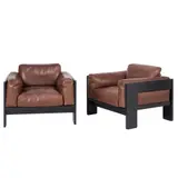 Tobia Scarpa, A PAIR OF BASTIANO LOUNGE CHAIRS FOR KNOLL, Chocolate leather cushions on ebonised ash frame