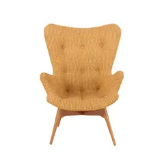 Grant Featherston, R160 CONTOUR ARMCHAIR, Button back original mustard wool upholstery over a formed plywood shell with out-swept tapered hardwood legs. Stamp present to frame