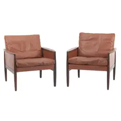 Hans Olsen, A PAIR OF MODEL 2191 ARMCHAIRS FOR BRDR. JUUL KRISTENSEN, Rosewood with tan leather upholstery