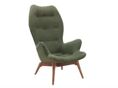 Grant Featherston, W180 HIGH BACK CONTOUR ARMCHAIR, Button back green upholstery over a formed plywood shell with out swept tapered hardwood leg base