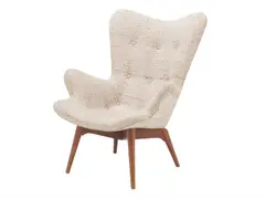 Grant Featherston, R160 CONTOUR ARMCHAIR, Button back textured cream upholstery over a formed plywood shell with out swept tapered hardwood leg base