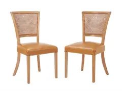 Schulim Krimper, EIGHT RATTAN BACKED DINING CHAIRS, Birch frames with rattan backing and orange vinyl upholstery