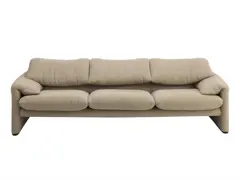 Vico Magistretti, THREE SEAT MARALUNGA SOFA FOR CASSINA, Light khaki green fabric upholstery with black plastic fittings. Adjustable headrests. Retains tag