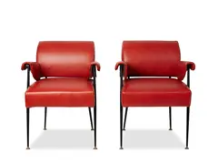 Maxime Old, PAIR OF CHAIRS, Red leather upholstery, painted metal and brass