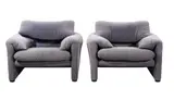 PAIR OF MARALUNGA ARMCHAIRS FOR CASSINA by Vico Magistretti, Original velvet striped & ribbed upholstery in blue, back, and grey tones, sold Apr 2022