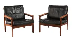 Illum Wikkelso, PAIR OF 'CAPELLA' ARMCHAIRS FOR NIELS EILERSEN, Black leather cushions on solid teak frame