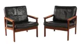 Illum Wikkelso, PAIR OF 'CAPELLA' ARMCHAIRS FOR NIELS EILERSEN, Black leather cushions on solid teak frame