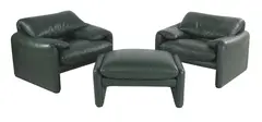 PAIR OF 'MARALUNGA' ARMCHAIRS & OTTOMAN FOR CASSINA by Vico Magistretti, British racing green leather, sold Nov 2020
