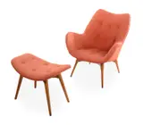 Grant Featherston, R210 TV CHAIR AND OTTOMAN, Original bark cloth fabric