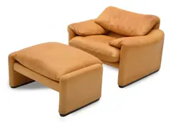 MARALUNGA SINGLE ARMCHAIR AND OTTOMAN FOR CASSINA by Vico Magistretti, Brown leather, sold Apr 2016
