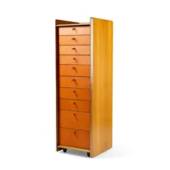 'AFRICA' CHEST OF DRAWERS, 1970s by Afra & Tobia Scarpa, layered wood with ebonised detailing and leather fronted drawers, sold May 2026