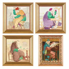 Mintons, THREE FRAMED 'MEDIEVAL OCCUPATIONS' TILES, CIRCA 1870, 1870, earthenware