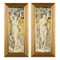 Minton, PAIR OF FRAMED THREE-TILE PANELS, CIRCA 1880, 1880, painted and glazed dust-pressed clay (2)
