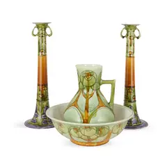Mintons, PAIR OF TALL ‘SECESSIONIST WARE’ CANDLESTICK HOLDERS, CIRCA 1902-14, 1902, tube-lined and slip-glazed earthenware