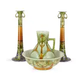 Mintons, PAIR OF TALL ‘SECESSIONIST WARE’ CANDLESTICK HOLDERS, CIRCA 1902-14, 1902, tube-lined and slip-glazed earthenware