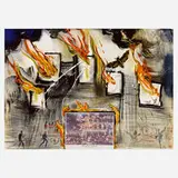 Fire, Fire, Fire (from The World Of Currier And Ives as interpreted by Salvador Dalí) by Salvador Dalí, 1971, lithograph in colors with collage, sold Apr 2022