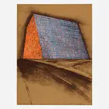 Christo, Texas Mastaba, Project for 500,000 Stacked Oil Drums (from the America: The Third Century portfolio), 1976, lithograph with collaged screenprint in colors on cardboard