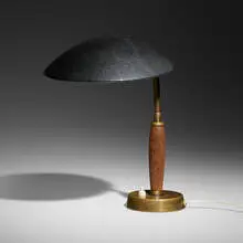 Idman, Table lamp, model K1125, 1956, brass, powder-coated and enameled aluminum, teak