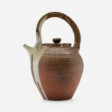 Large teapot by Ken Ferguson, c. 1983, glazed and wood-fired stoneware, sold Oct 2024