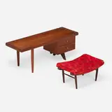 Origins vanity, model 217 and stool, model 219 by George Nakashima, walnut, brass, upholstery, sold Oct 2024