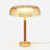 Einar Backstrom and Erik Hoglund, Table lamp, model B8456, c. 1960, brushed and enameled brass, brass-plated steel, leather