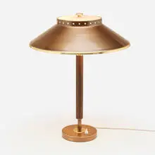 Boréns Borås, Table lamp, model B8445, c. 1965, brass, enameled brass, mahogany, glass