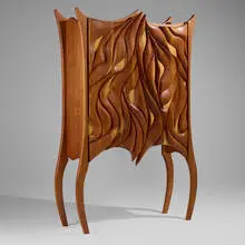 Jeremy Kimchi, Bar cabinet, 2005, carved cherry and maple, glass