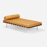 Barcelona daybed by Ludwig Mies van der Rohe, chrome-plated stainless steel, walnut, leather upholstery, sold Oct 2024