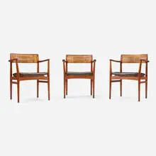 Erik Wørts, Armchairs, set of three, c. 1955, teak, cane, leather upholstery