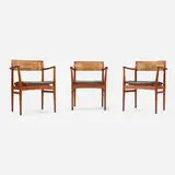 Erik Wørts, Armchairs, set of three, c. 1955, teak, cane, leather upholstery