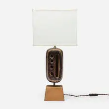 Table lamp by Guido Gambone, c. 1960, glazed stoneware, wood, enameled metal, linen shade, sold Oct 2024