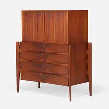 William Hinn, Swedish Guild Collection chest of drawers with hutch, c. 1958, walnut, rosewood, brass