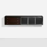 Modern, Wall-hanging cabinet, c. 1965, lacquered wood, walnut, laminate, chrome-plated brass, vinyl