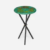 Piero Fornasetti, Chiavi su malachite occasional table, c. 1952, lithographic transfer-print on wood with gold leaf, rubber over steel, brass