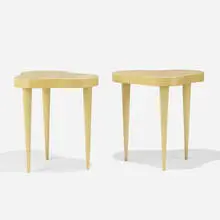 occasional tables model 4187, pair by Gilbert Rohde, 1941, paldao veneer, acacia burl, vinyl, sold Sep 2020