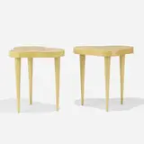 Gilbert Rohde, occasional tables model 4187, pair, 1941, paldao veneer, acacia burl, vinyl