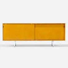 cabinet by Florence Knoll, c. 1950, chrome-plated steel, birch plywood, leather, sold Sep 2020