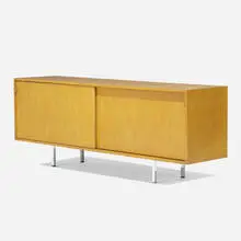 cabinet by Florence Knoll, c. 1950, chrome-plated steel, birch plywood, leather, sold Sep 2020
