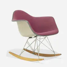 RAR-1 by Charles and Ray Eames, 1950 / 1968, molded fiberglass, zinc-plated steel, birch, upholstery, rubber, sold Sep 2020