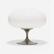 Mushroom table lamp by Laurel Lamp Co., c. 1965, frosted glass, brushed chrome-plated steel, sold Sep 2020