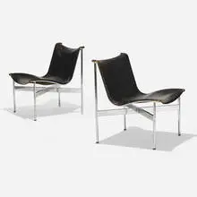 New York lounge chairs, pair by Ross Littell and Douglas Kelley William Katavolos, c. 1965, chrome-plated steel, leather, sold Sep 2020