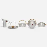 Russel Wright, collection of five serving pieces, c. 1935, spun aluminum, bamboo, birch, cork