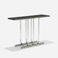 console, model 56-B by Gilbert Rohde, 1930, chrome-plated steel, laminate, aluminum, sold Sep 2020
