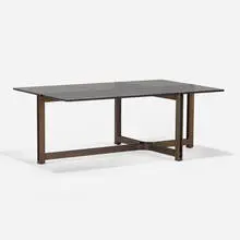Roger Sprunger, coffee table, model 987, c. 1975, smoked glass, bronze, rosewood