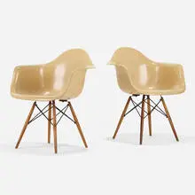 Charles and Ray Eames, DAWs, pair, 1951, molded fiberglass with rope edge, birch, enameled steel, rubber
